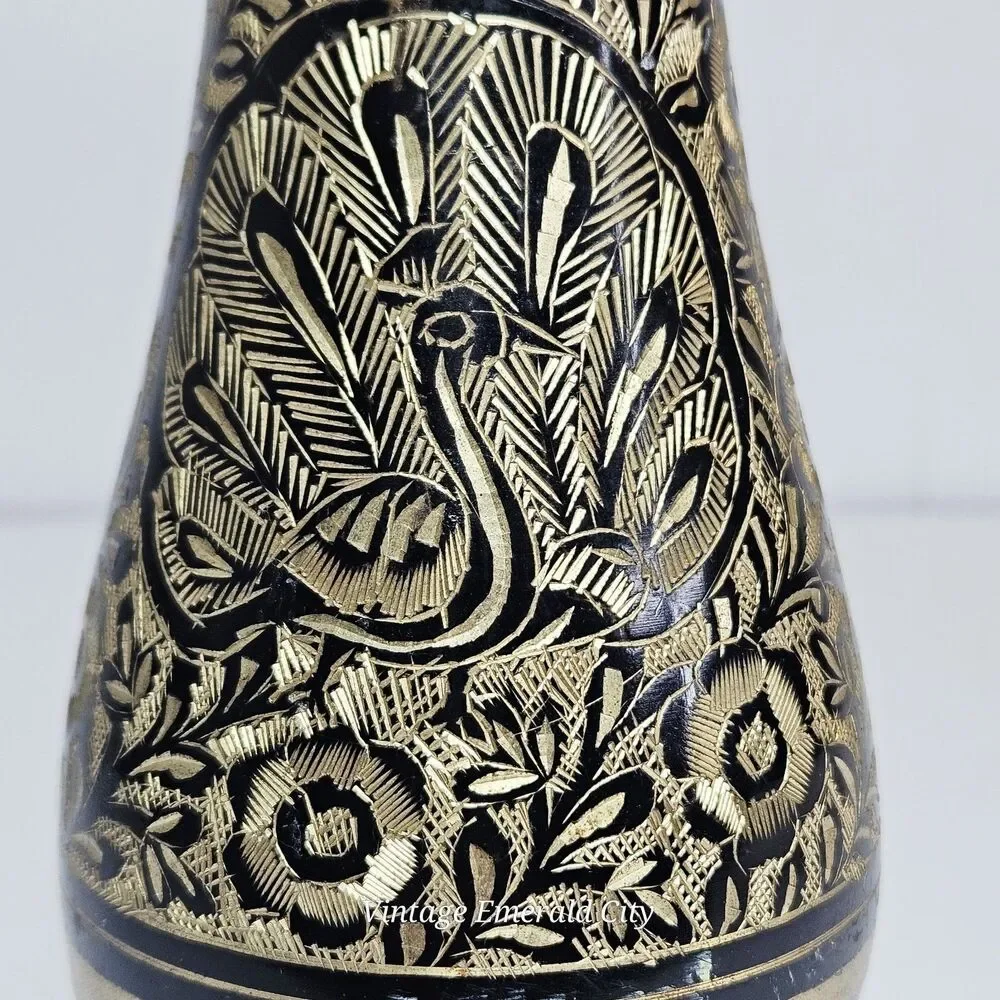 Vtg Black Gold Etched Brass Vase Peacock Floral Metalwork 9.5
